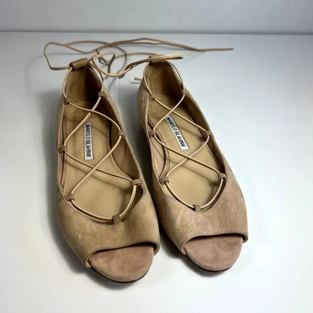 Manolo Blahnik Lace Up Espadrille Flats Peep Toe Suede Nude Size 6 / 36.5 Italy